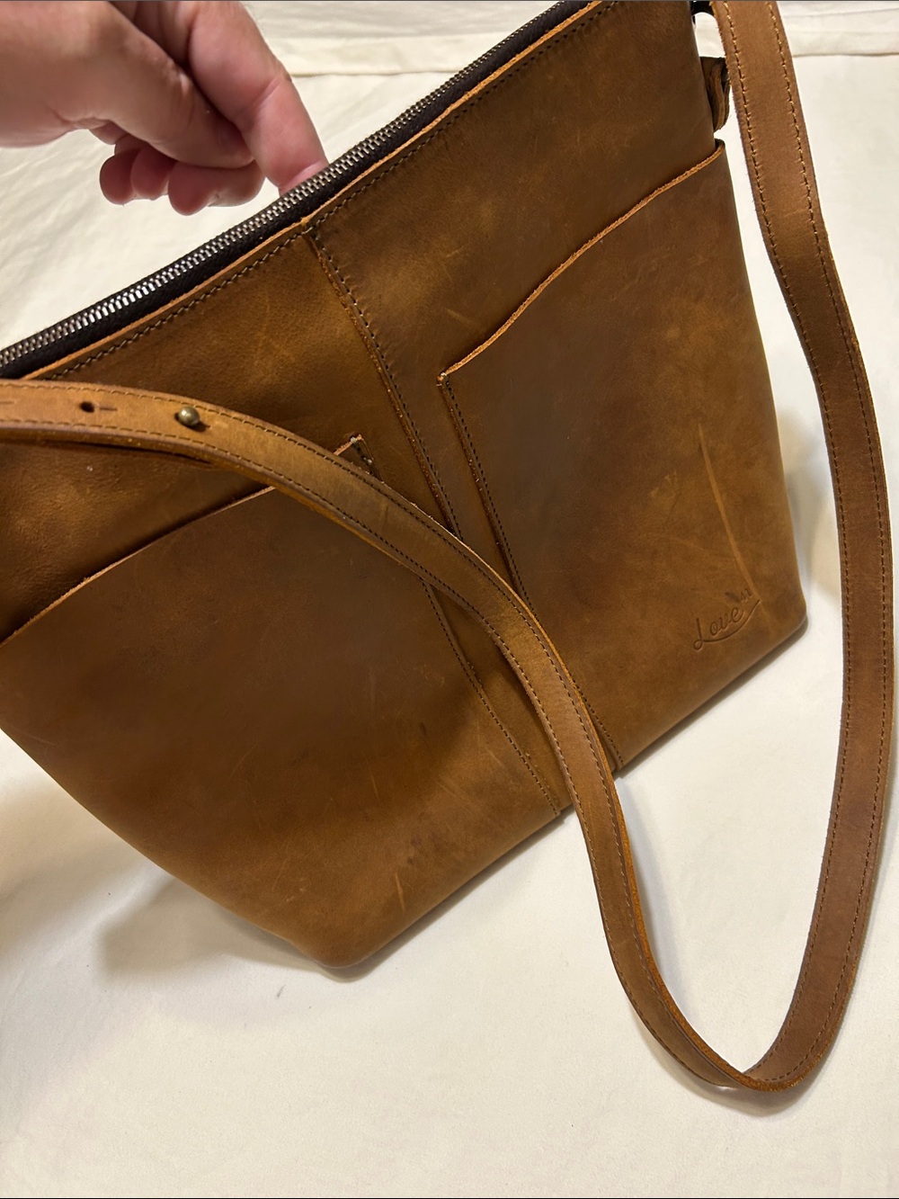 Love Tan Leather Shoulder Bag with Front Slip Pockets